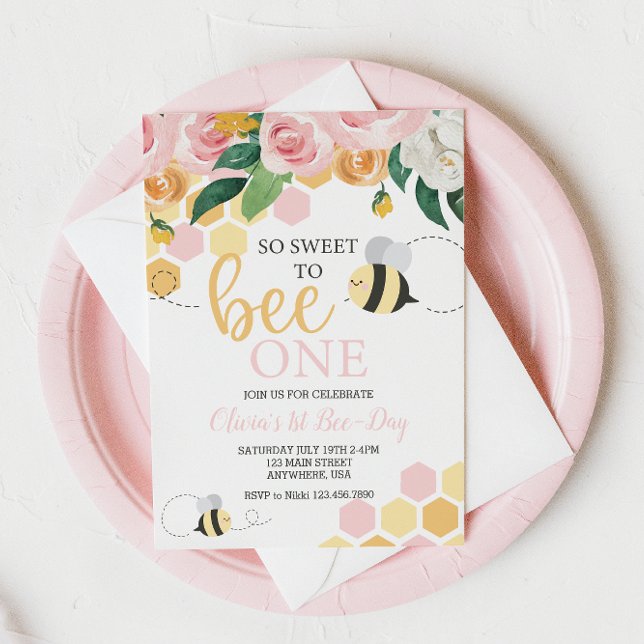 Convite Bee Day Bumblebee primeiro aniversario rosa Flor I (Criador carregado)