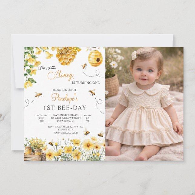Convite Bee Flower Our Little Honey Is Turning Birthday  (Frente)