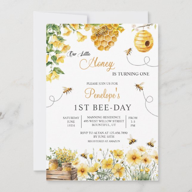 Convite Bee Flower Our Little Honey Is Turning Birthday (Frente)