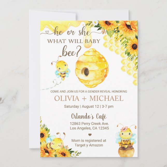 Convite Bee gender reveal invite, bumblebee, honeybee. (Frente)