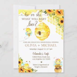 Convite Bee gender reveal invite, bumblebee, honeybee.
