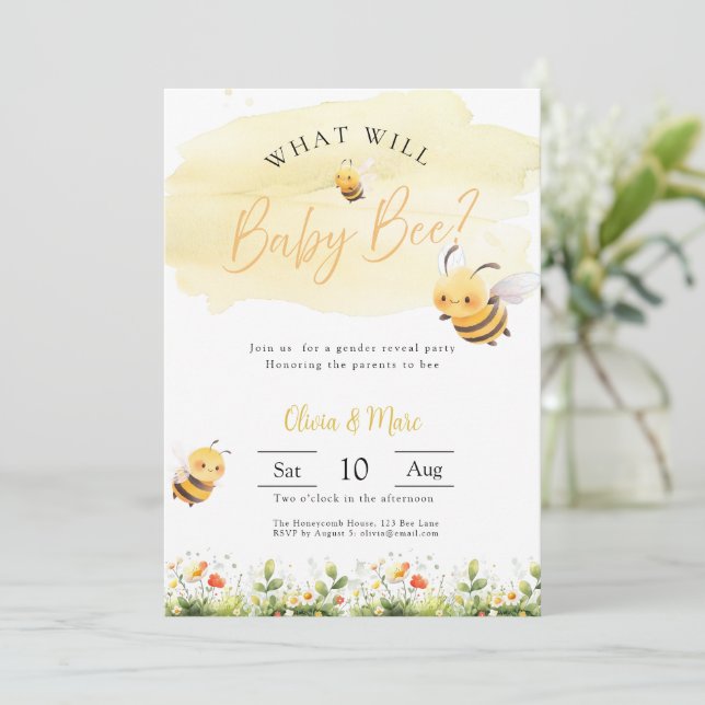Convite Bee Gender Reveal • What Will Baby Bee (Em pé/Frente)