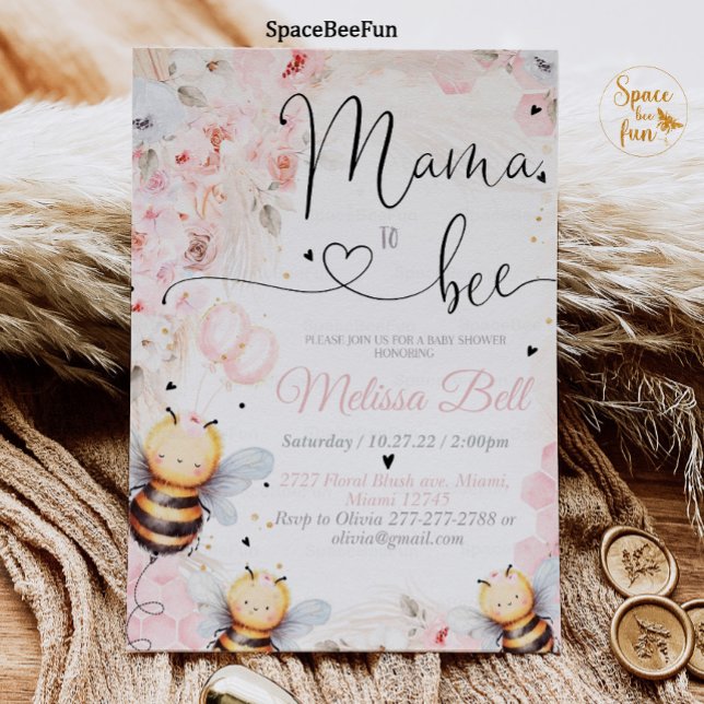 Convite Bee Honey convida a Chá de fraldas Mama para ser b (Bee Honey Birthday invitation Boho Pampas Grass Girl Bee Honey Party Pink So Sweet to Bee invites On)