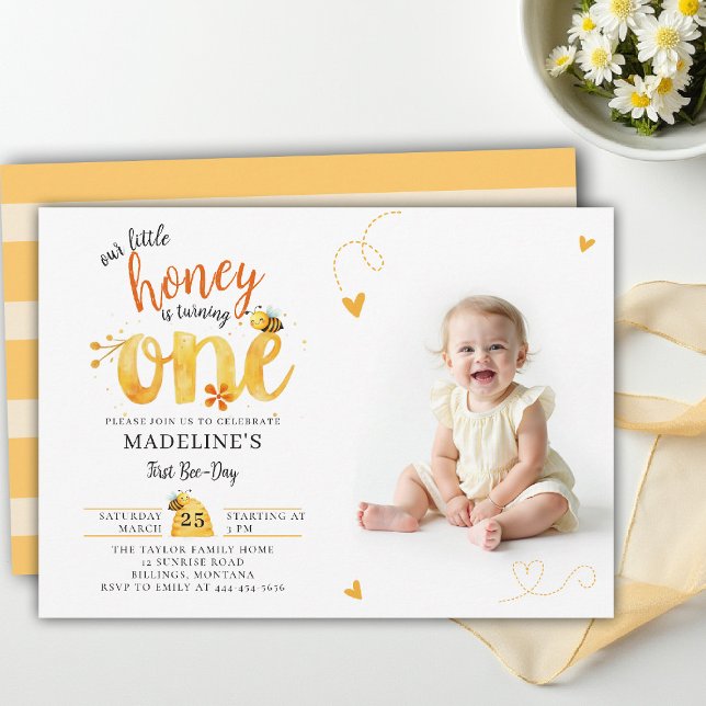 Convite Bee Honey Theme Whimsical Cute Photo 1st Birthday (little honey bee first birthday photo invitation watercolor summer whimsical hearts bee-day)