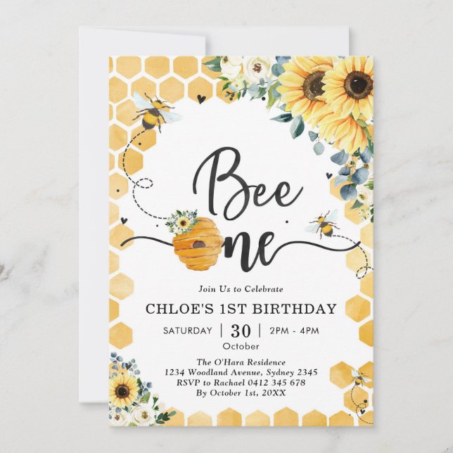 Convite Bee One Honey Bee 1st Birthday Invitation (Frente)