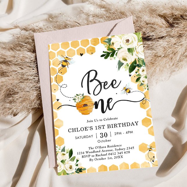 Convite Bee One Honey Bee Floral 1st Birthday Invitation (Criador carregado)