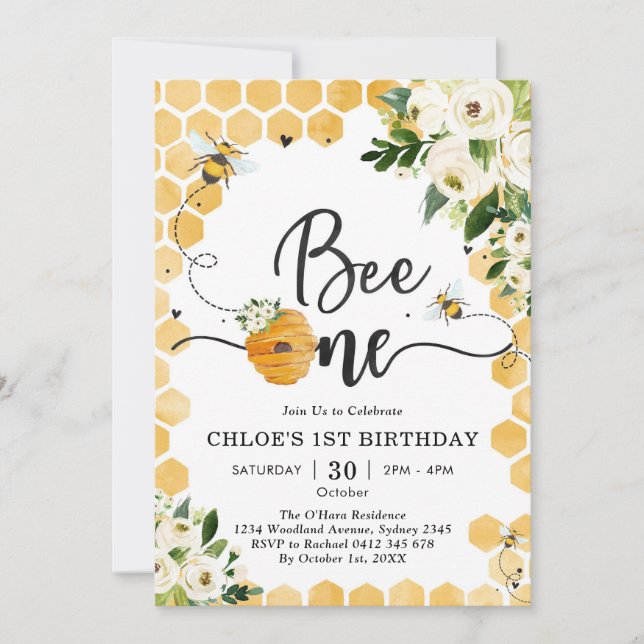 Convite Bee One Honey Bee Floral 1st Birthday Invitation (Frente)