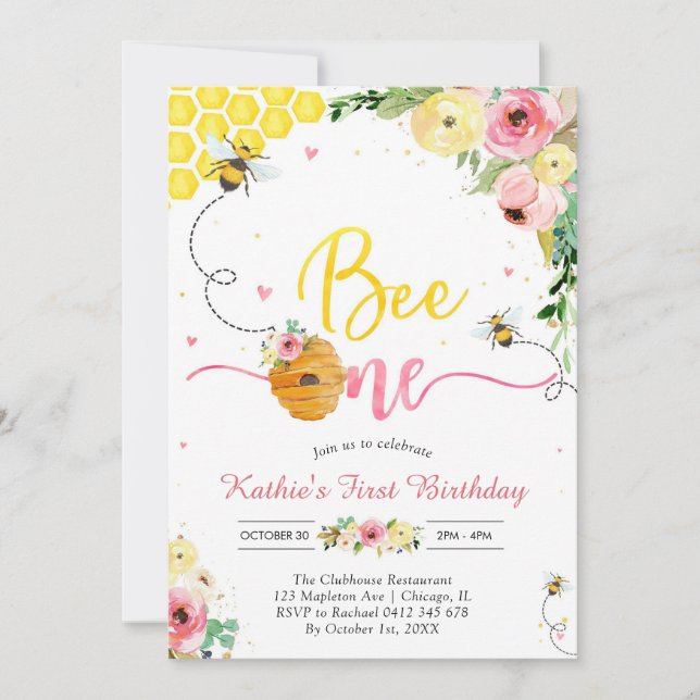 Convite Bee One Honey Bee Girl 1st Birthday Invitation (Frente)