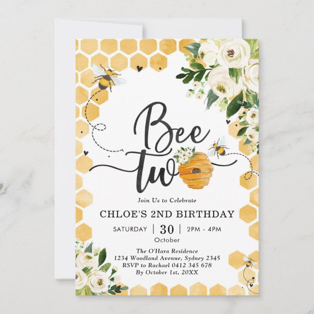 Convite Bee Two Honey Bee 2nd Birthday Invitation (Frente)
