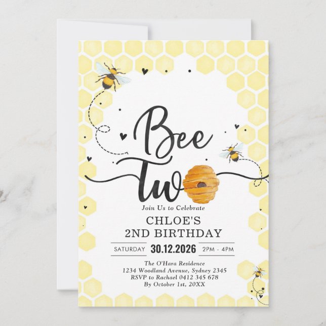 Convite Bee Two Honey Bee 2nd Birthday Invitation (Frente)