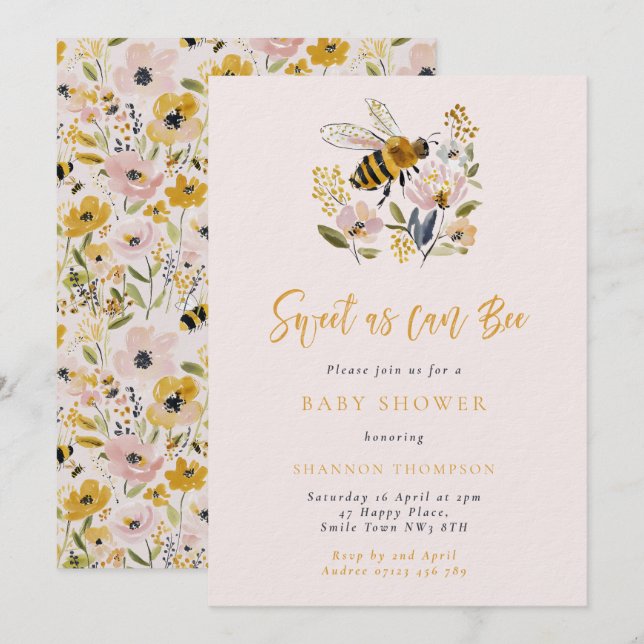 Convite Bee & Wildflower Sweet As Can Bee Baby Shower (Frente/Verso)