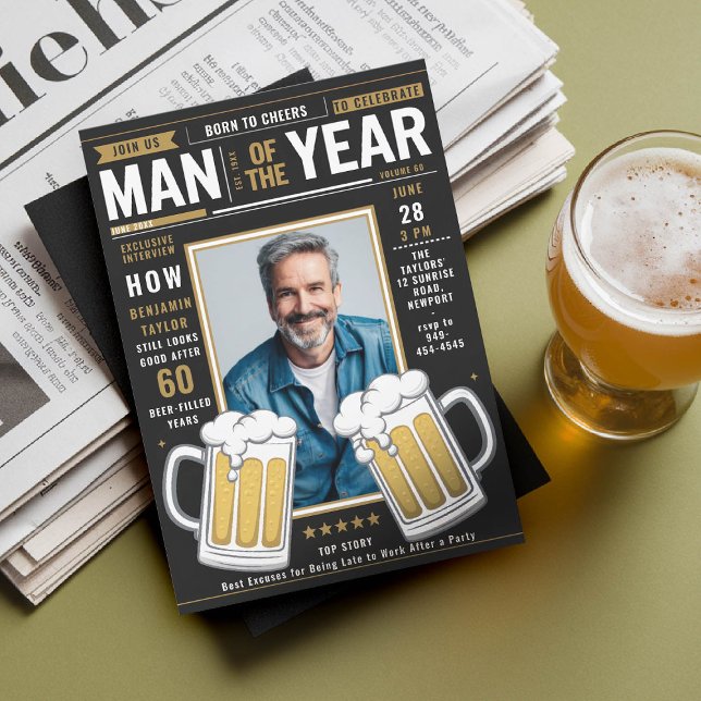 Convite Beer Magazine Cobrir Engraçado Homens Adultos Foto (men birthday party invitation beer themed magazine cover funny photo template black gold photo 40 50)
