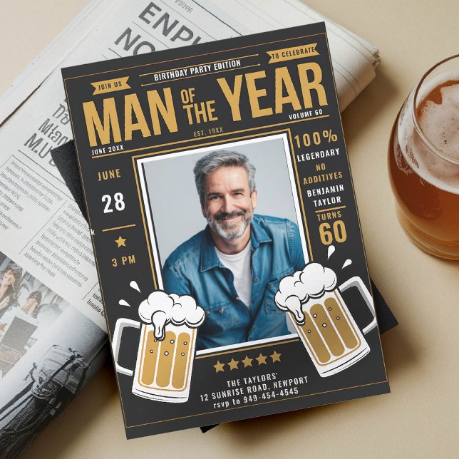 Convite Beer Magazine Funny Men Adulto Aniversário Foto In (men birthday party invitation beer themed magazine photo template fun funny black yellow gold hue)