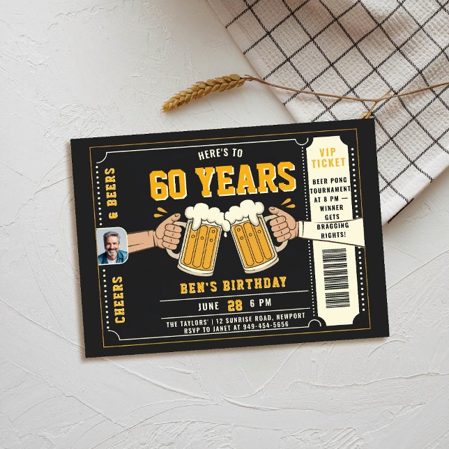 Convite Beer Themed Black Ticket Men Foto de Aniversário A (men birthday party invitation beer themed cheers photo black yellow orange ticket backyard)