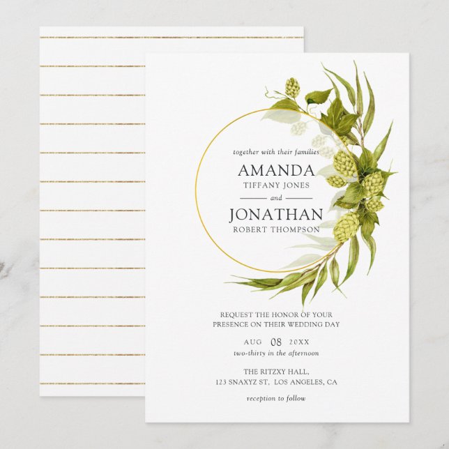 Convite Beer Willow Greenery e Casamento Geométrico Dourad (Frente/Verso)