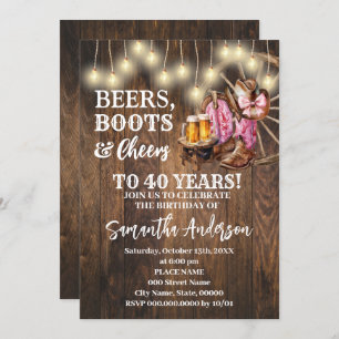 Convite Beers Boots & Cheers Pink Western Country Birthday