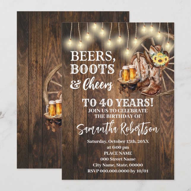 Convite Beers Boots & Cheers Sunflower Western Birthday (Frente/Verso)