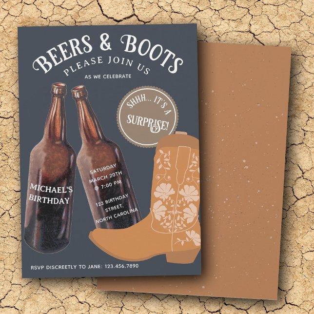 Convite Beers Boots Cowboy Adult Birthday Surprise Party (Beers Boots Cowboy Adult Birthday Surprise Party Invitation)