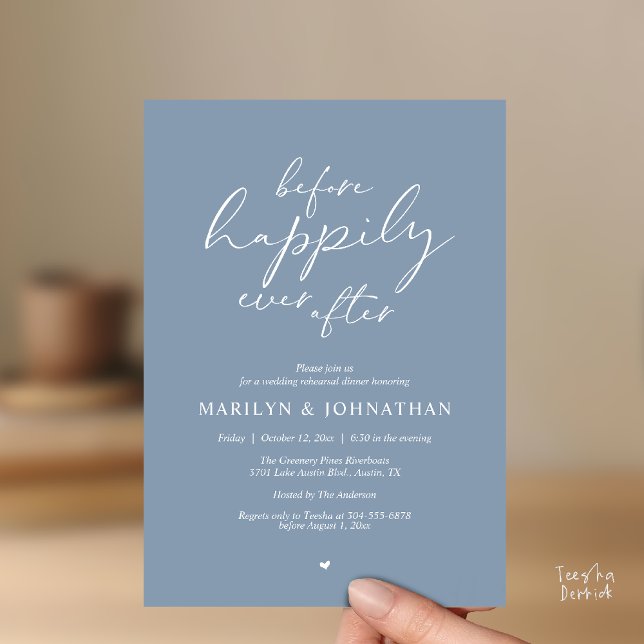 Convite Before Happily Ever After, Romantic Rehearsal (Before Happily Ever After, Modern Romantic Rehearsal Dinner Invitation Card in Dusty Blue)