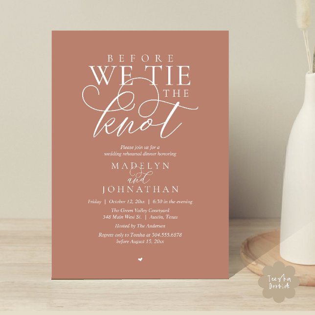 Convite "Before we tie the knot", Wedding Rehearsal Dinner ("Before we tie the knot", Modern Romantic Wedding Rehearsal Dinner Invites Card in Terracotta Brown)
