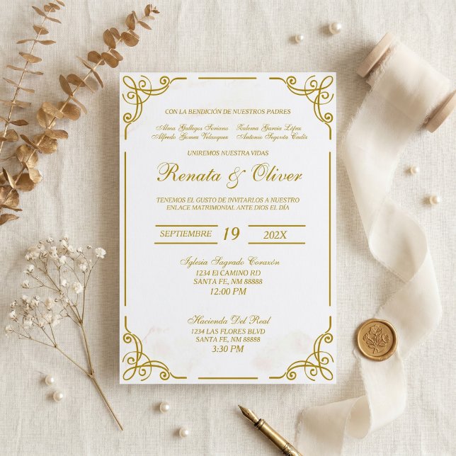 Convite Bege com caligrafia emoldurada casamento espanhol (Criador carregado)