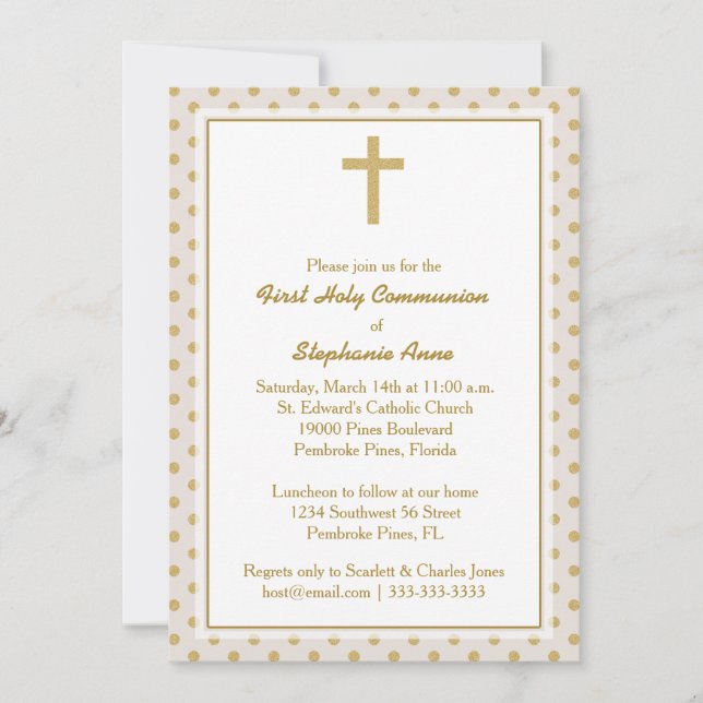 Convite bege comunitário com Bolinhas Douradas (Frente)