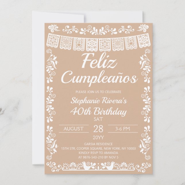 Convite Bege Feliz Cumpleaños 40º Aniversário  (Frente)