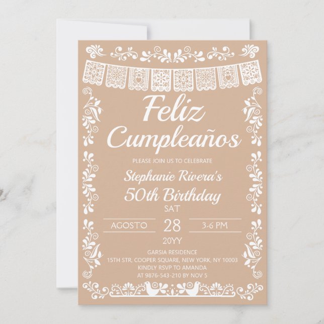 Convite Bege Feliz Cumpleaños Aniversário de 50 anos (Frente)