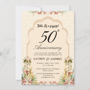 Convite Bege Floral Aniversário de 50 Anos de Casamento