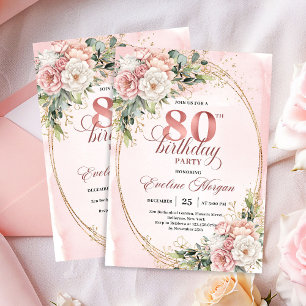 Convite Bege Floral Verde Dourado Brilho 80º Aniversário