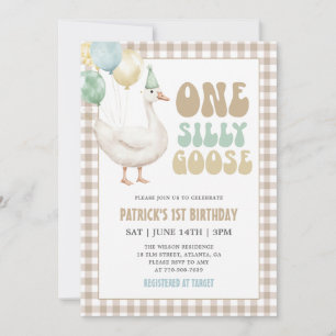 Convite Bege Gingham Um Ganso Tolo 1º Aniversário