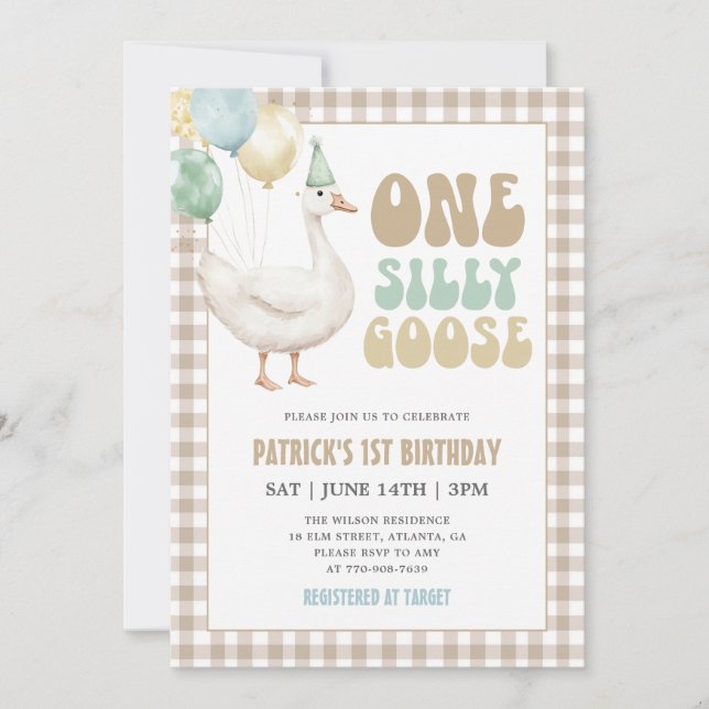Convite Bege Gingham Um Ganso Tolo 1º Aniversário (Frente)