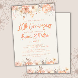 Convite Bege Marfim Floral Pêssego 10º Aniversário de Casa