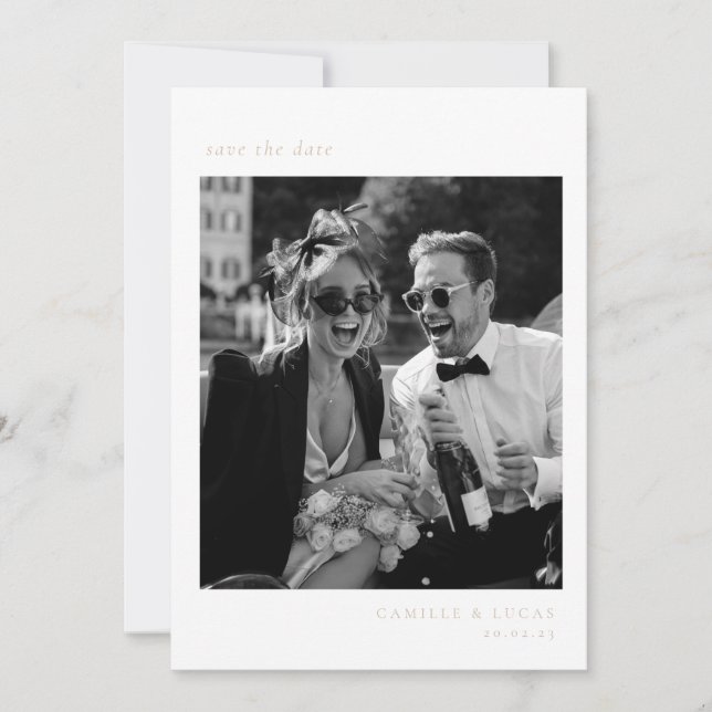 Convite Bege Minimalista Elegante Foto Salve a data (Frente)