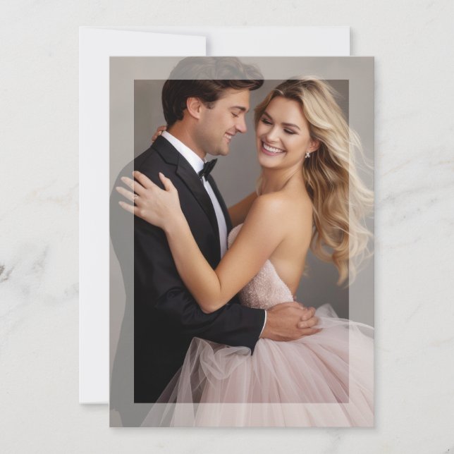 Convite bege para ouro de casamento com foto de qu (Frente)