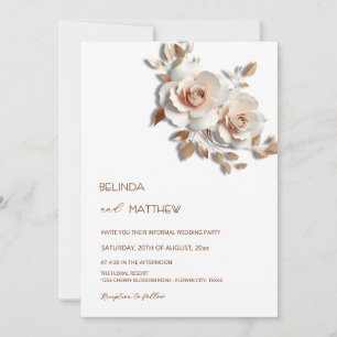 Convite Bege Rosa Dourado Flores 3D Simples