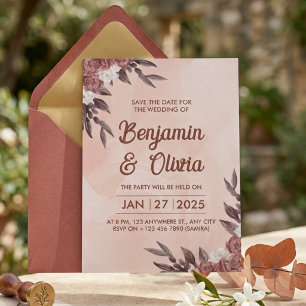 Convite Bege Rosa Malva Floral Aquarela Casamento Elegante