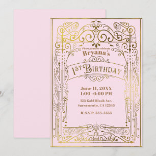 Convite Bege Rosado Dourado Vintage Vitoriano 1º Aniversár