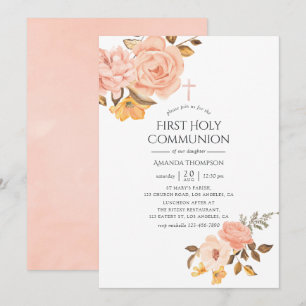 Convite Bege Rosado e Floral Dourado Primeira Comunhão