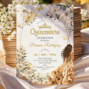 Convite Bege Tiara Dourada Floral Borboleta Quinceañera