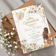 Bege Tiara Dourada Floral Borboleta Quinceañera 