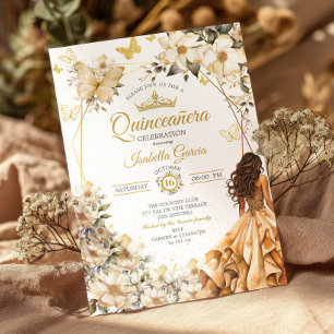 Convite Bege Tiara Floral Dourada Borboletas Quinceañera