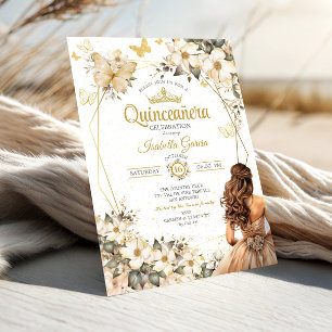 Convite Bege Tiara Floral Dourada Borboletas Quinceañera