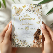 Bege Tiara Floral Dourada Borboletas Quinceañera