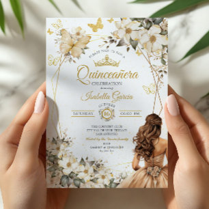 Convite Bege Tiara Floral Dourada Borboletas Quinceañera