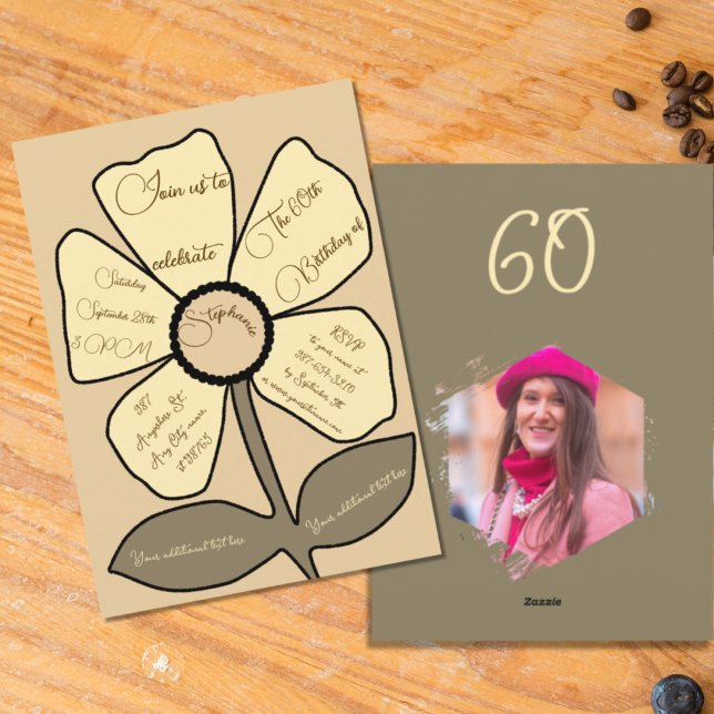 Convite Beige 60th Birthday Simple Doodle Flower (Criador carregado)