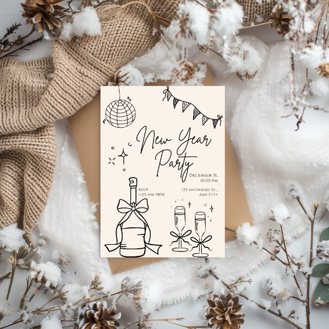 Convite Beige and Black Doodle Simple New Year's Eve Party (Criador carregado)