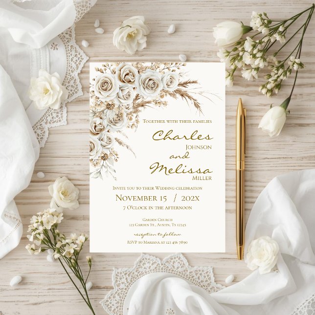 Convite Beige and Boho Flowers Wedding Invitation (Criador carregado)