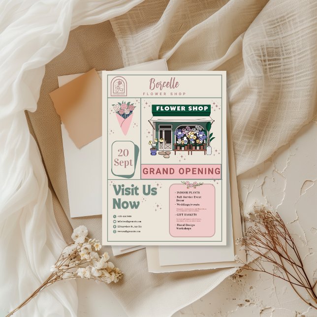 Convite Beige and Green Elegant Flower Shop Opening Card (Criador carregado)