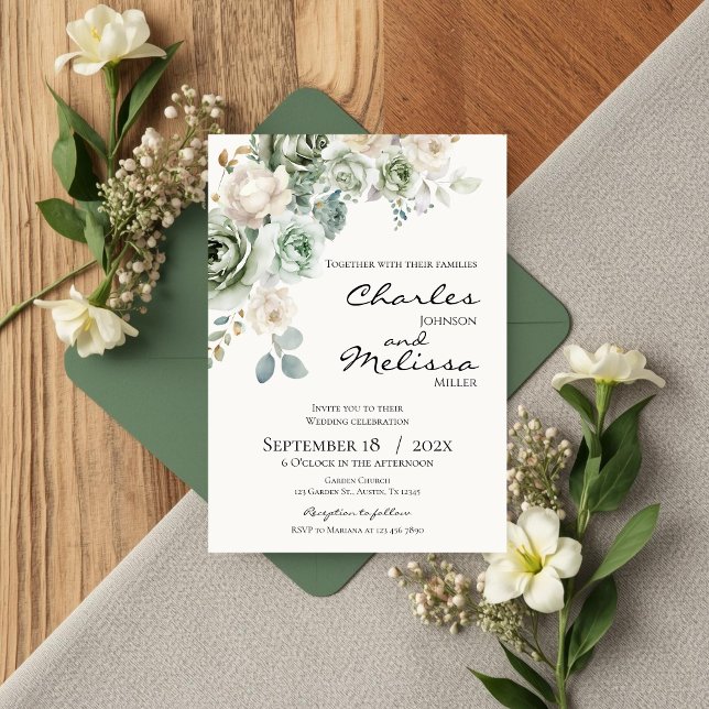 Convite Beige and green Flowers Wedding Invitation (Criador carregado)